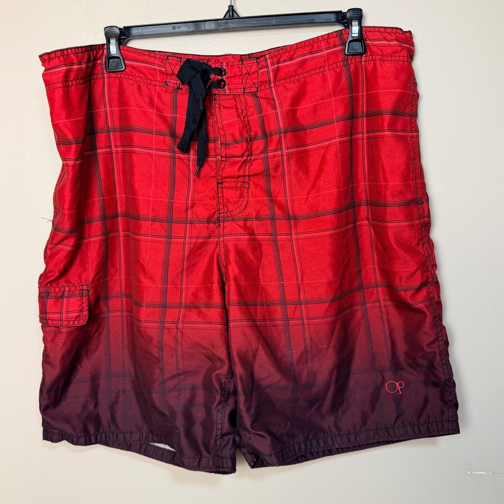 OP Mens Board Shorts XL Red Plaid Ombre Mesh Lined Swim Trunks Cargo Pocket
